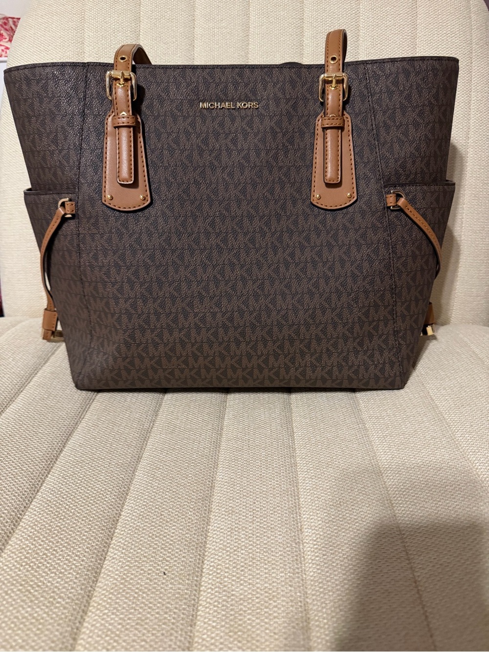 Michael Kors Dark Brown Logo Tote with Tan Leather Accents